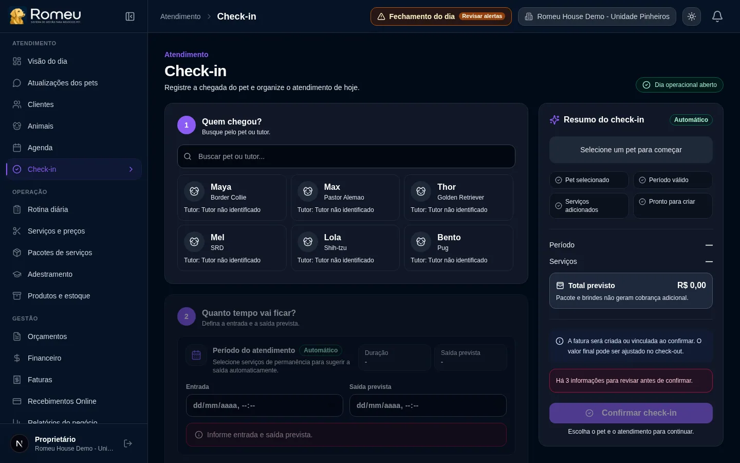 Tela de check-in do Romeu